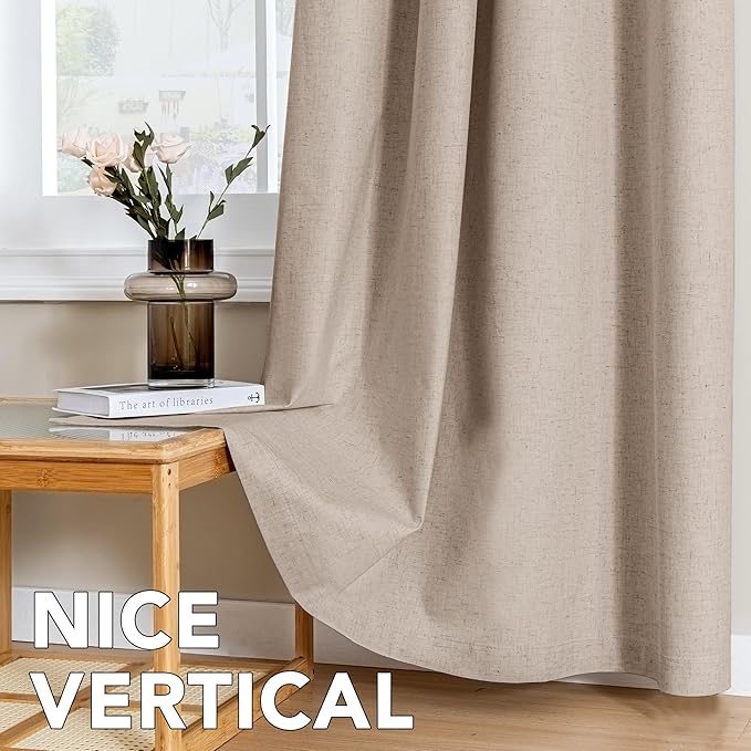 H.VERSAILTEX Linen Curtains 100% Blackout Curtains for Bedroom 96 inch Long Full Light Blocking Nature Linen Blended Window Curtains for Living Room Nickel Grommet (2 Panels, Heathered Sand)