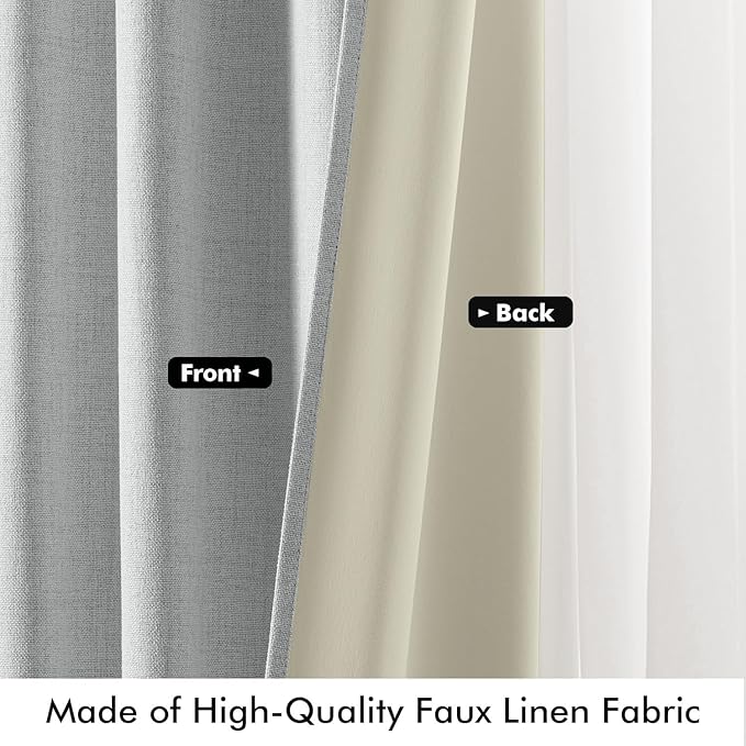 MIULEE 100% Blackout Linen Curtains for Bedroom, Grey Solid Luxury Decor Thermal Insulation Room Darkening Drapes for Living Room Nursery Back Tab Rod Pocket 42 x 96 Inches, 2 Panels