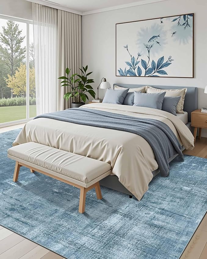 Latte&Fog 9x12 Area Rug for Living Room, Extra Large Blue Modern Abstract Washable Rugs, Boho Non Slip Low Pile Carpet for Indoor Bedroom Dining Room, Office, Dorm, Classroom and Farmhouse - Blue