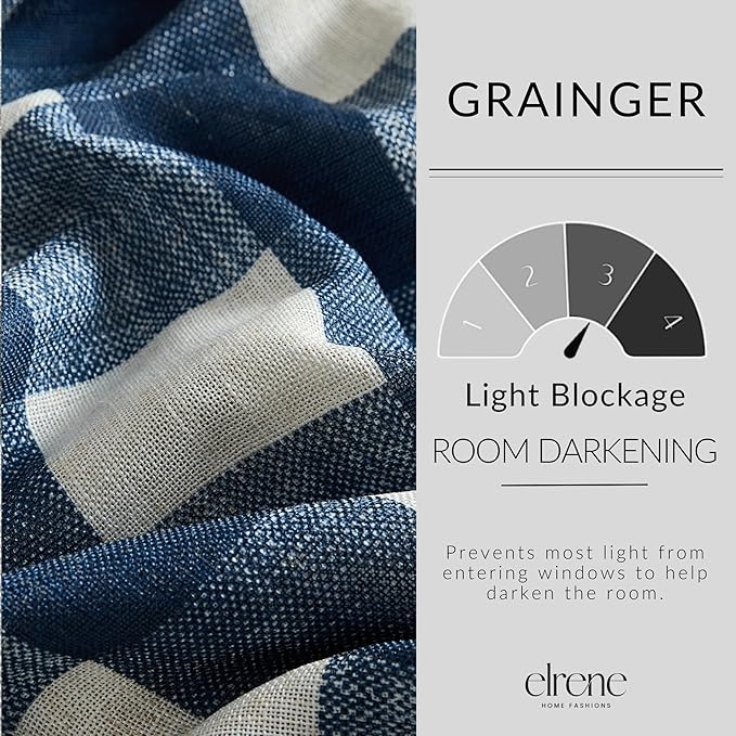 Elrene Home Fashions Farmhouse Living Grainger Buffalo-Check Blackout Window Curtain, Living Room and Bedroom Drape with Rod Pocket Tabs, 52" x 84", Indigo, 1 Panel