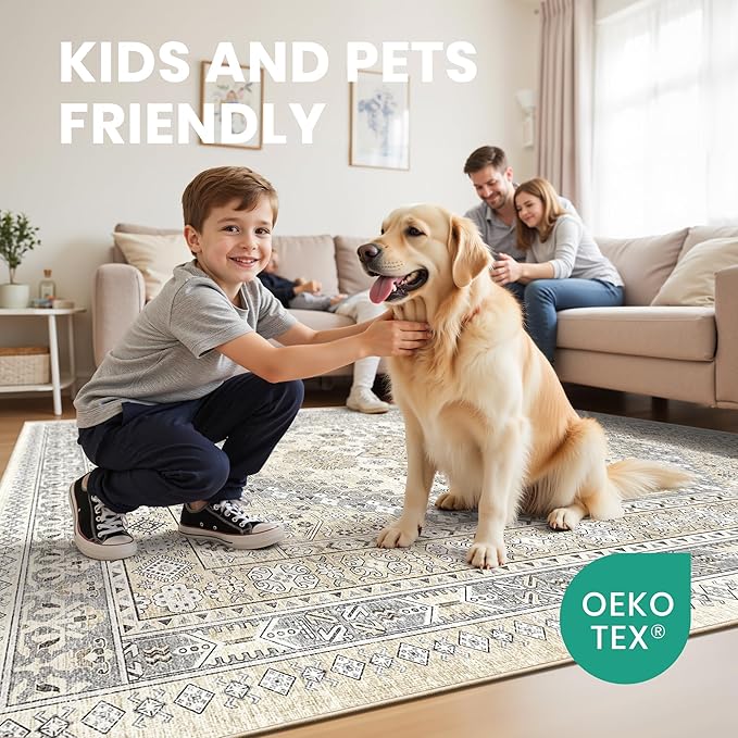 zesthome 8x12 Area Rugs,Stain Resistant Washable Rug,Ultra-Thin Rugs for Living Room,Bedroom,Non-Slip Backing Home Decor Large Area Rug (Beige,8'x12')