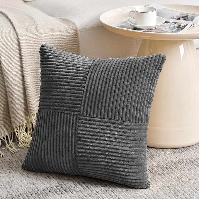 Fancy Homi 2 Packs Dark Gray Decorative Throw Pillow Covers 20x20 Inch for Living Room Couch Bed Sofa, Farmhouse Boho Home Decor, Soft Corss Corduroy Patchwork Accent Square Cushion Case 50x50 cm