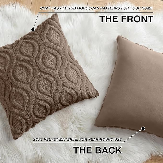 decorUhome Throw Pillow Covers 20x20 Inch Set of 2, Soft Plush Faux Wool Brown Solid Couch Pillow Covers, Accent Farmhouse Neutral Square Pillow Cases for Sofa Bed Living Room