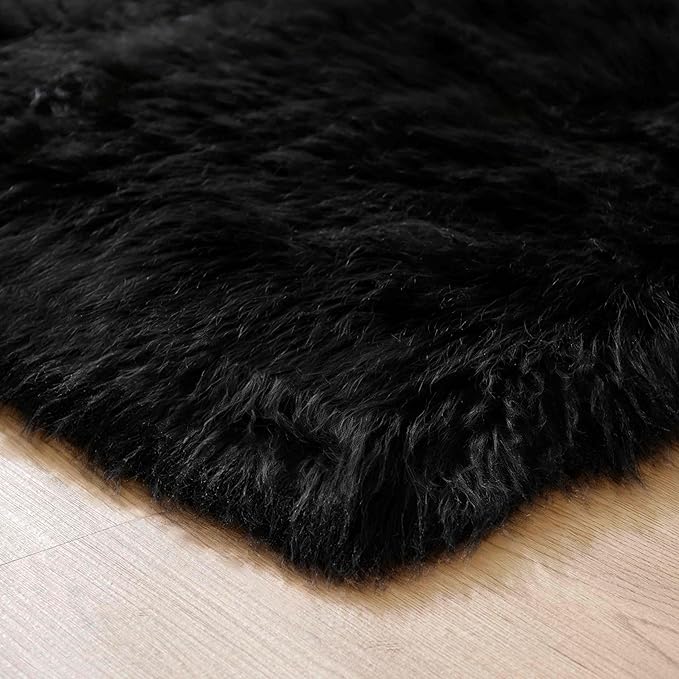 Goolela Black Sheepskin Rug 3x5 for Bedroom Black Fluffy Faux Fur Rug Furry Shag Plush Soft Bedside Dorm Décor Rectangle
