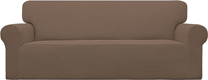 Easy-Going Stretch Sofa Slipcover 1-Piece Sofa Cover Furniture Protector Couch Soft with Elastic Bottom for Kids, Polyester Spandex Jacquard Fabric Small Checks (Sofa, Brown)