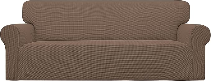 Easy-Going Stretch Oversized Sofa Slipcover 1-Piece Sofa Cover Furniture Protector Couch Soft with Elastic Bottom for Kids, Polyester Spandex Jacquard Fabric Small Checks Brown
