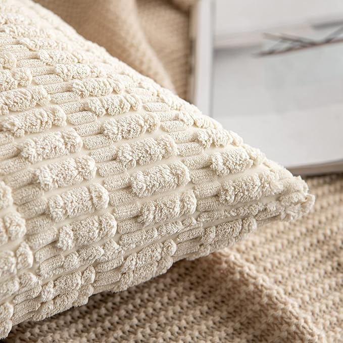 MIULEE Pack of 2 Corduroy Decorative Lumbar Throw Pillow Covers 22x14 Inch Soft Boho Striped Pillow Covers Modern Farmhouse Home Decor for Sofa Living Room Couch Bed Cream White