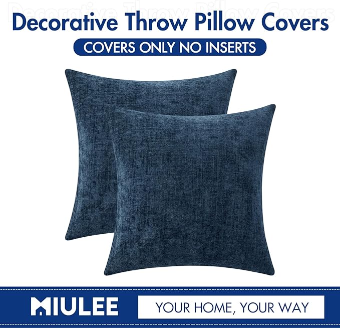 MIULEE Pack of 2 Blue Throw Pillow Covers 18x18 Inch Soft Chenille Pillow Covers for Sofa Living Room Couch Solid Dyed Cases