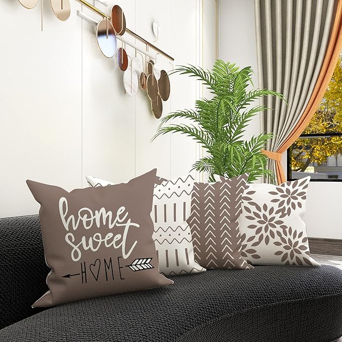 YCOLL Pillow Covers 16x16 Set of 4, Modern Sofa Throw Pillow Cover, Decorative Outdoor Linen Fabric Pillow Case for Couch Bed Car, Khaki