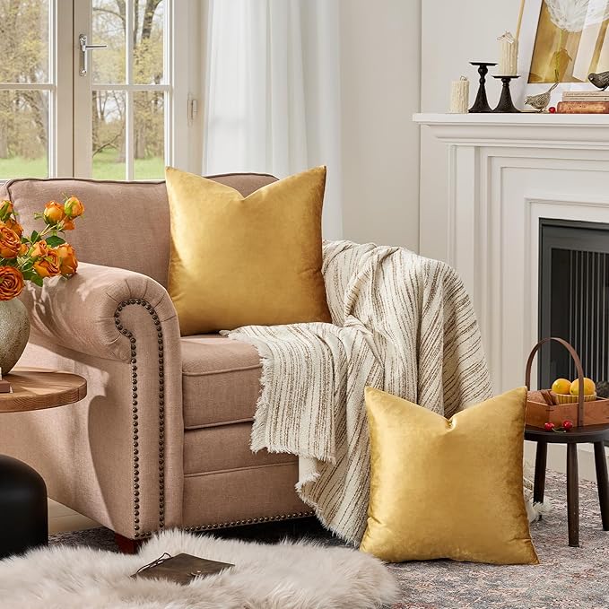 GIGIZAZA Golden Throw Pillow Covers 16x16 Decorative Velvet Cushion Covers Pack of 2 Pillowcase for Sofa