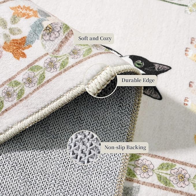 2x5 Washable Kitchen Runner Rug - Soft Low Pile Floral Animal Cat Print Rugs with Non-Slip Backing Waterproof Stain-Resistant Indoor Carpet for Hallway Entryway Bathroom Bedroom (Light Beige)