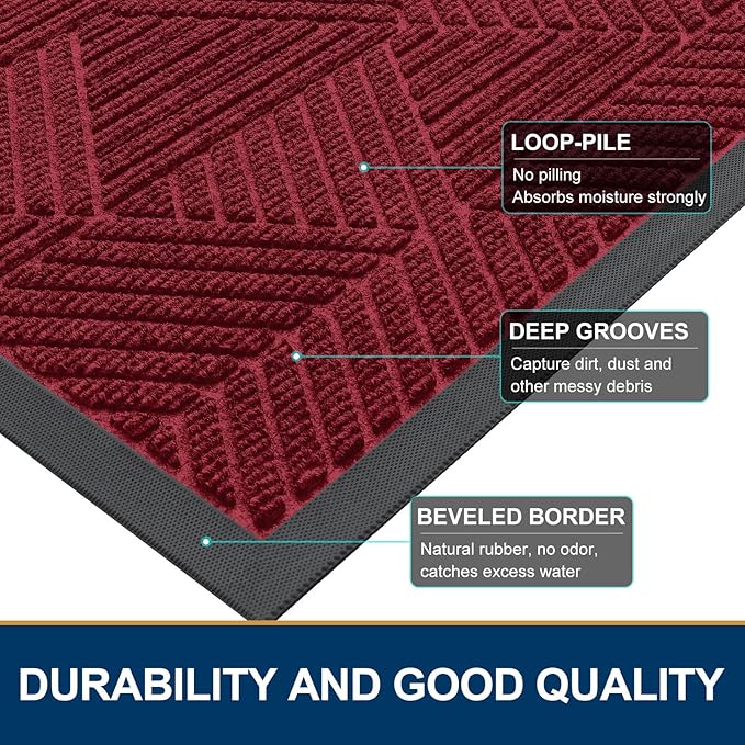 Smiry Front Door Mat Outside Entrance, Heavy Duty Sturdy Natural Rubber Doormat, Trap Dirt and Moisture, Easy Clean Low Profile Mats for Indoor Outdoor Entry, Irregular Triangle (47x32, Wine Red)