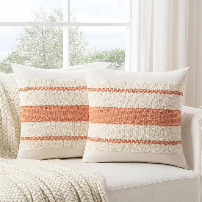 Fancy Homi Set of 1 Boho Coral Decorative Throw Pillow Cover 18x18 Inch for Couch Bed Sofa, Aesthetic Modern Organic Farmhouse Home Decor, Soft Cotton Cute Accent Macrame Woven Cushion Case