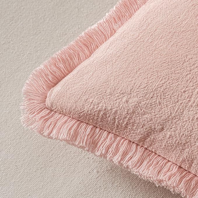 MIULEE Valentines Decorative Throw Pillow Covers Neutral Linen Fringe Throw Pillows Set of 2 Pink Boho Farmhouse Cushion Covers with Tassels for Couch Sofa Bed Living Room Spring Decor 20x20 Inch