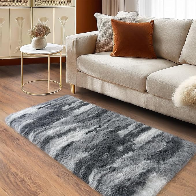 Soft Runner Rugs for Bedroom Hallways, 2x4 Abstract Grey Fluffy Shag Throw Area Rug Non Slip for Bedside Dorm, Long Shaggy Furry Carpet for Nursery Living Room