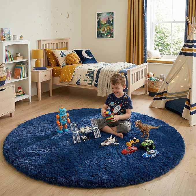 Navy Blue Round Rug 6Ft for Boys Bedroom, Large Fluffy Fuzzy Circle Area Rugs for Kids Playroom, Living Room Decor Aesthetic, Cute Shaggy Plush Floor Royal Dark Blue Carpet for Dorm Teen Baby Nursery