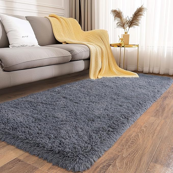 Ultra Soft Runner Rugs for Bedroom Hallways with Upgraded Non-Slip Rubber Backing & Thick Memory Sponge, 2x8 Feet Fluffy Shag Throw Area Rug for Bedside Dorm Dark Grey