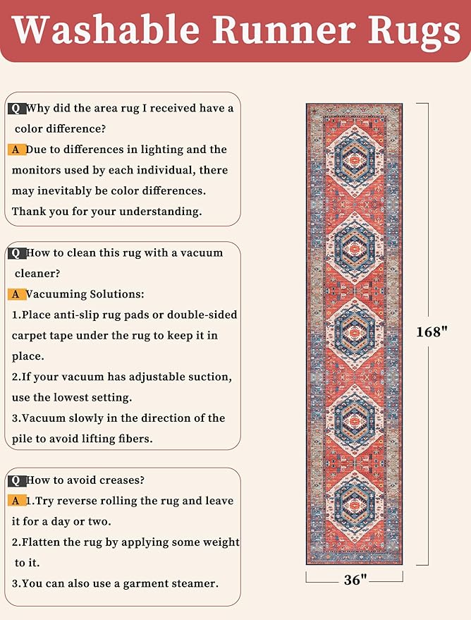 SERISSA Runner Rug for Hallways, 3x14 Washable Non Slip Kitchen Runner Rug, Extra Long Boho Rug Ultra Soft Vintage Rust Print Floor Carpet for Bedroom Hallway Entryway Bathroom Laundry Room
