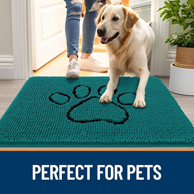OLANLY Dog Door Mat for Muddy Paws 36x24, Paw Print Design, Absorbs Moisture and Dirt, Absorbent Non-Slip Washable Doormat, Quick Dry Chenille Mud Mat for Dogs, Entry Indoor Entryway Carpet, Lake Blue