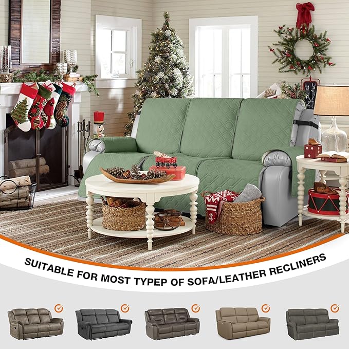 VANSOFY Waterproof Recliner Couch Covers, Sofa Covers Non-Slip 1-Piece Washable Reclining Sofa Cover Furniture Protector with Elastic Straps Pocket for Dogs, Pets(Bean Green,3 Seater)