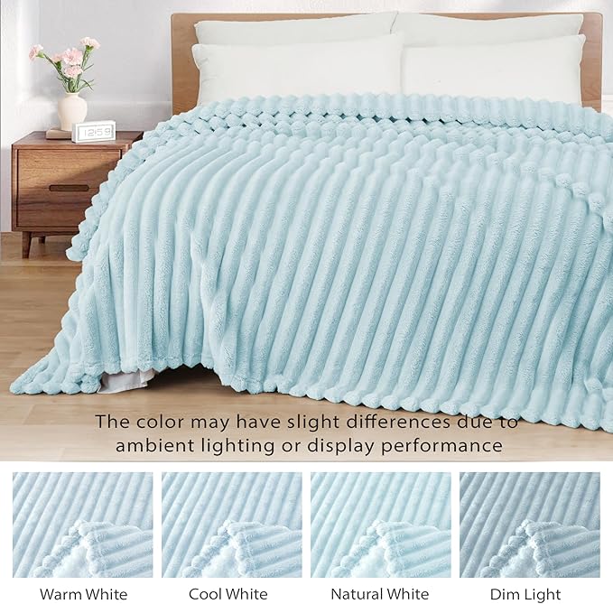 Exclusivo Mezcla King Size Flannel Fleece Blanket, Super Soft Striped Jacquard Bed Blanket, Lightweight Fuzzy Cozy for All Seasons, 90x104 Inches, Light Blue