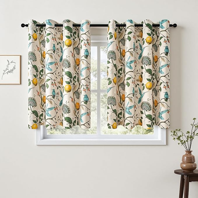 Topfinel Beige Kitchen Tier Curtains 36 Inches Long Botanical Floral Hummingbird Grommet Room Darkening Half Window Drapes for Rv Cafe Basement Bathroom Dinning Room 2 Panels