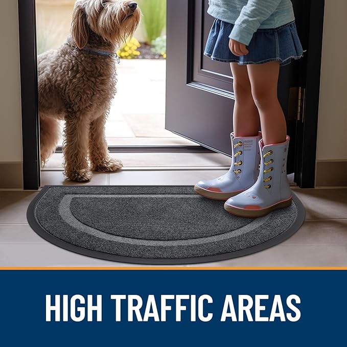 OLANLY Half Circle Door Mat Indoor Outdoor Entrance Welcome, Waterproof All-Season, All-Weather Doormat, Sturdy Natural Rubber, Low Profile, Easy Clean Patio Porch Entryway Mat, 47x32, Grey