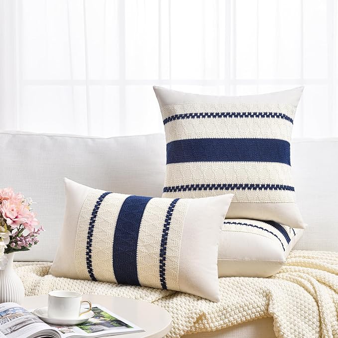 Fancy Homi Set of 1 Navy Blue Lumbar Decorative Throw Pillow Covers 12x20 Inch for Couch Bed Sofa Living Room, Soft Cotton blend Woven Textured Cushion Case