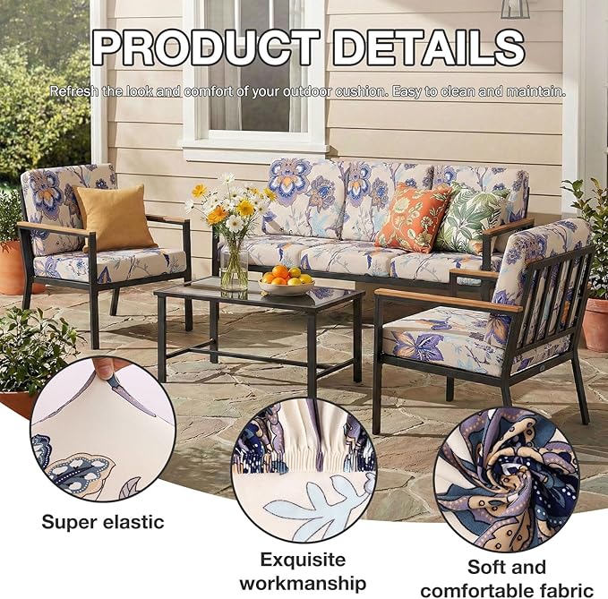 hyha 14Pcs Patio Cushion Covers, Stretch Outdoor Couch Cushion Covers, Washable Outdoor Chair/Sofa Slipcovers for Patio Furniture Cushions Protector with Elastic Bottom(Vintage Flower,Cover Only)