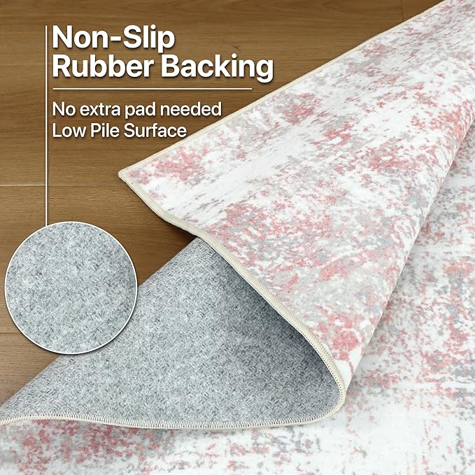 Area Rugs 3x5 for Living Room Bedroom, Modern Abstract Machine Washable Rug, Soft Low Pile Floor Carpet with Non Slip Backing for Entryway, Pink/Grey