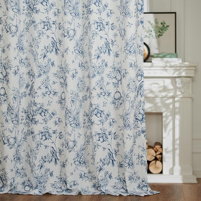 jinchan Linen Floral Curtains for Living Room 84 Inch Length Blue Printed Flower French Country Curtain Farmhouse Cottage Core Toile Curtains Back Tab Light Filtering Window Drapes Set 2 Panels