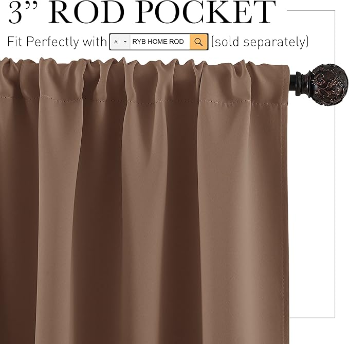 RYB HOME Blackout Privacy Bathroom Window Curtains, Short Thermal Insulated Heat Blocking Privacy Rod Pocket Half Window Curtain Tiers for Nursery Bedroom, Width 42 by Length 30, Mocha, 2 Panels