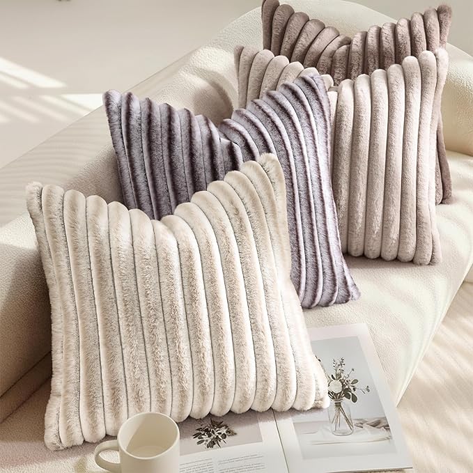 decorUhome Cozy Faux Fur Throw Pillow Covers 18x18 Set of 2 Decorative Soft Plush Striped Modern Farmhouse Boho Couch Pillow Cases with Velvet Back for Sofa Bed Living Room, Tan