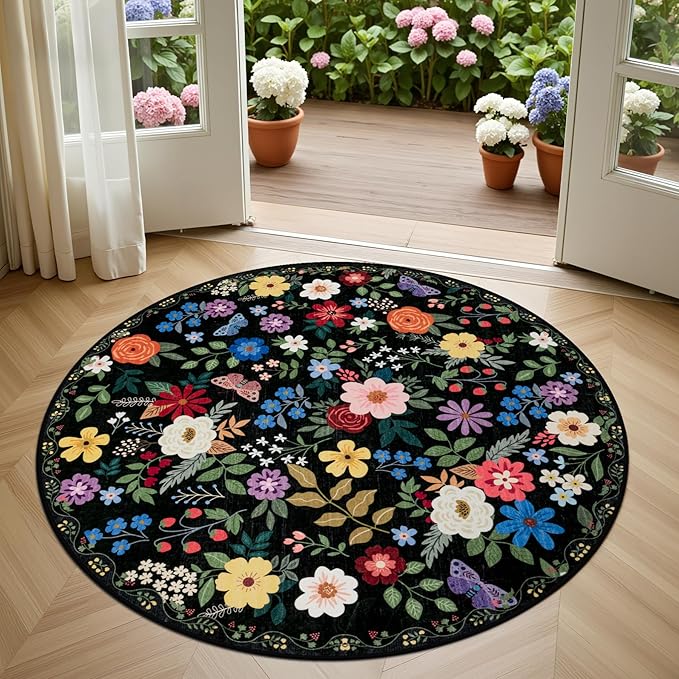 Round Area Rug for Living Room: 4 ft Floral Washable Circle Rug Soft Boho Non-Slip Carpet Indoor Stain Resistant Low Pile Small Circular Rug for Bedroom Entryway Kitchen Nursery Home Office Black