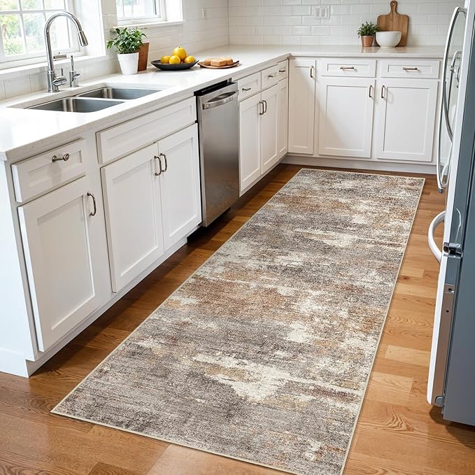 3x7 Washable Kitchen Runner Rug: Modern Abstract Runners for Hallway Soft Non Slip Rugs with Rubber Backing Low Pile Thin Floor Carpet for Entryway Bedroom Bathroom Bedside Indoor(Brown/Brick,3x7)