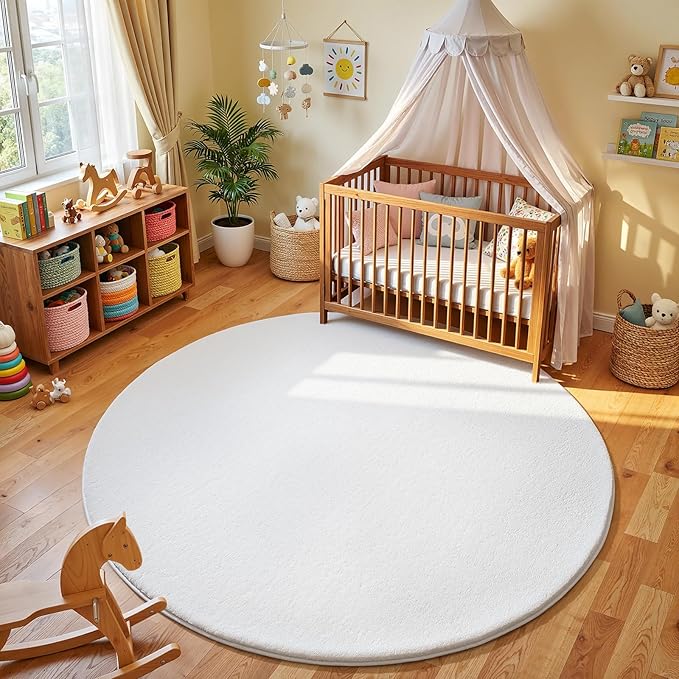 Amearea White Round Area Rugs 5ft Washable Circle Rugs for Bedroom Living Room, Fluffy Indoor Thickened Memory Foam Rug, Non Slip Minimalist Circular Carpet for Kids Boys Girls Dorm Nursery Room Decor
