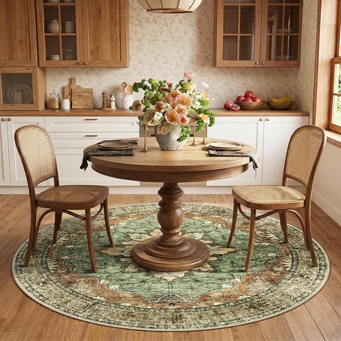 RELEANY Area Rugs 6ft Washable Non-Slip, Floral Vintage Distress Print Pattern Medallion Carpet for Living Room Bedroom Dining Room, Brick Red Rust Neutral Brown Burnt Orange