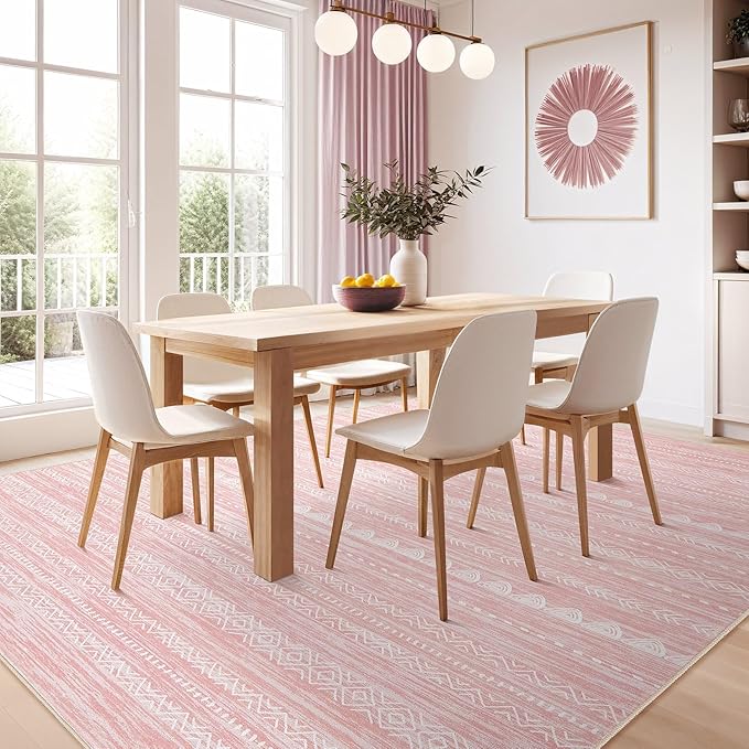 Nakagishi Pink Rugs for Bedroom Girls: 7x9 Washable Boho Large Neutral Cute Soft Area Rug Modern Indoor Floor Non Slip Accent Carpet for Living Room Nursery Kids Playroom Preppy Room Dorm Baby Room