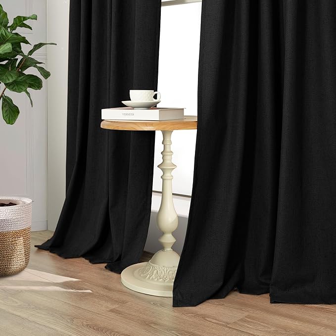 Nursery Blackout Curtains 63 Inch Length for Bedroom 2 Panels Back Tab Pocket Heavy Thick Linen Textured Room Darkening Sound Proof Insulated Thermal Dark Out Black Curtain for Winter 63 Inches Long