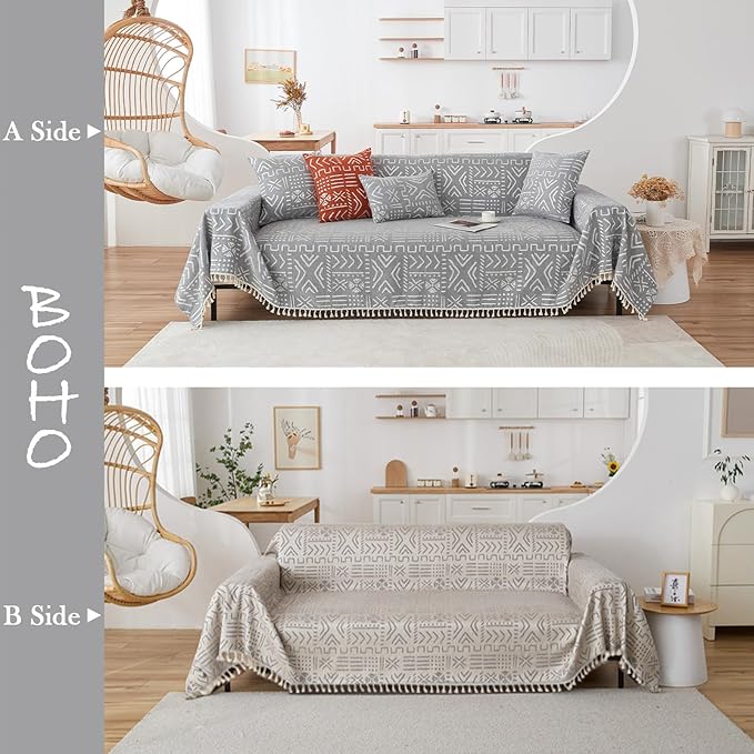 HANDONTIME Bohemian Grey and White Couch Cover for Dogs Aztec Tribal Sofa Covers for 3 Cushion Couch Aesthetic Tassel Couch Slipcover Sofa Seat Cover Universal Loverseat Cover Futon Cover, 71" X150"