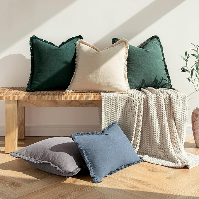 MIULEE Decorative Throw Pillow Covers Neutral Linen Fringe Throw Pillows Euro Shams Set of 2 Army Green Boho Farmhouse Cushion Covers for Couch Sofa Bed Living Room Home Decor 24x24 Inch