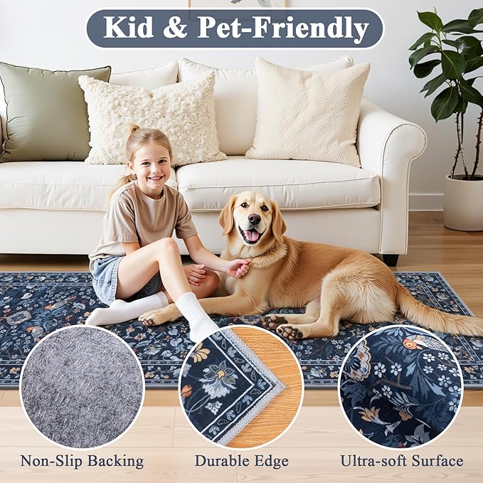 HEBE Washable Hallway Runner Rug 2'x 8' Non Slip Kitchen Rugs Runner,Low Pile Entryway Rug Laundry Room Mat Floral Carpet Runners for Hallways, Kitchen,Bathroom,Laundry,Bedside Rug
