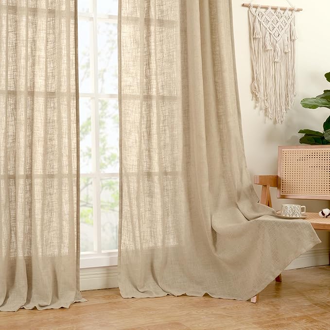 LAMIT Brown Linen Window Curtains 30 Inches Long 2 Panels, Semi Sheer Light Filtering Panels Back Tab and Rod Pocket Neutral Drapes for Basement/Small Windows, 34 x 30 Inch