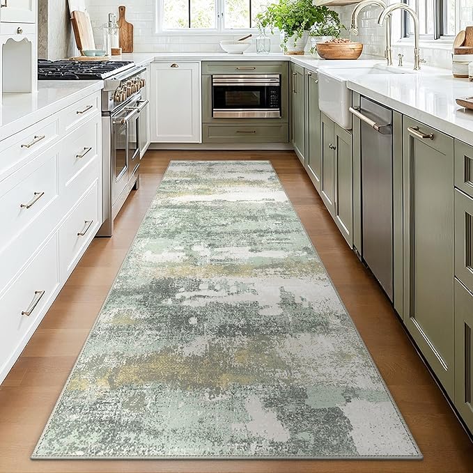 BEIMO Runner Rug for Hallway Kitchen, 2x12 Machine Washable Runners Rug for Entryway, Soft Modern Abstract Throw Rugs, Low Pile Floor Cover with Non Slip Backing, Light Green