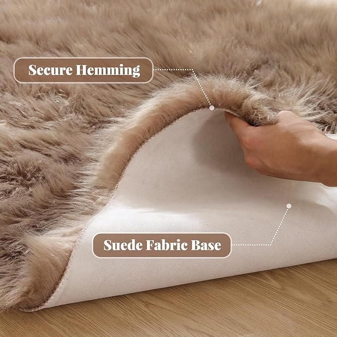 ORINOVA Beige Round Rugs 6ft Fuzzy Faux Sheepskin Washable Fluffy Fur Area Rugs for Bedroom Large Circle Nursery Living Room Shag Rug