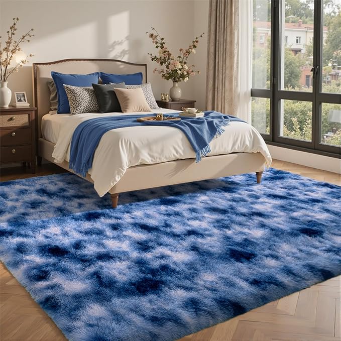 5x7 Ft Blue Shag Rugs for Bedroom Living Room Decor, Ultra Soft Fluffy Furry Area Rug for Indoor Floor, Aesthetic Carpet for Nursery Dorm Home Decor