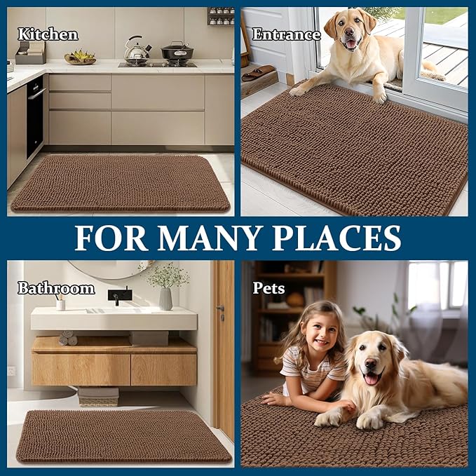 OLANLY Dog Door Mat for Muddy Paws 40x24, Absorbs Moisture and Dirt, Absorbent Non-Slip Washable Doormat, Quick Dry Chenille Mud Mat for Dogs, Entry Indoor Entryway Carpet for Inside Floor, Mocha