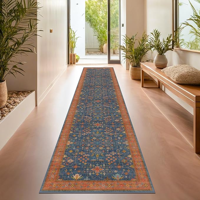 Hazo Haus Navy Blue Washable Hallway Runner Rug 2x10 Non Slip Rugs for Kitchen, Mudroom, Bathroom, Hall Way - 10 ft Long Dark Boho Geometric Decor, Fade & Stain Resistance