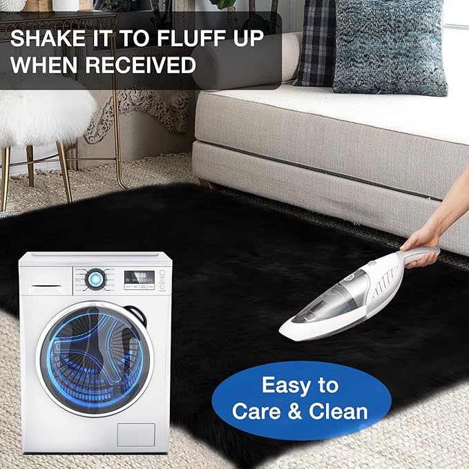 duduta Black Faux Sheepskin Fur Throw Rug 2x3 ft, Fluffy Shag Chair Cover Small Bedside Dorm Rug Non Slip Machine Washable