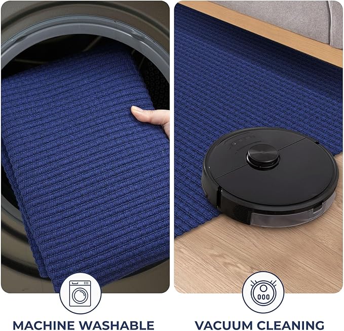 KOZYFLY Runners for Hallways 2x8 ft Washable Kitchen Runner Non Slip Rubber Backed Hall Runners Cotton Entryway Runner Rugs Floor Carpet for Indoor Backdoor Bedroom Kitchen, Royal Blue/Navy